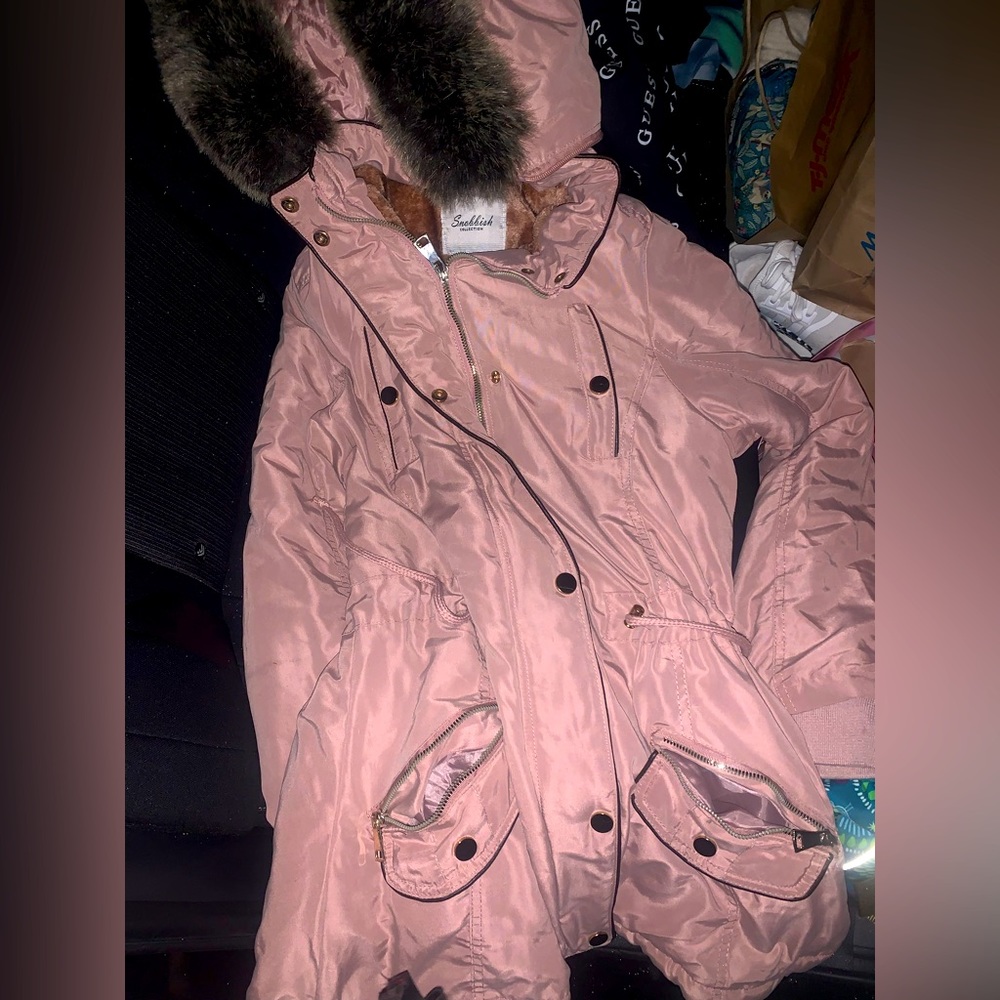 Pink “Snobbish” Jacket with fur hood and super warm!